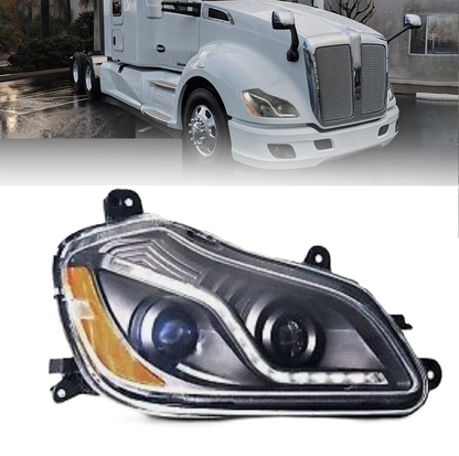 Black Projector Headlights Assembly  with LED Bar for Kenworth T680 2013-2017