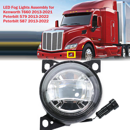 LED Fog Lights Assembly for Kenworth T660 2013-2021, Peterbilt 579 2013-2022, Peterbilt 587 2013-2022,  Clear Lens White Housing Fog Lamp