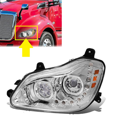 Kenworth T680 2013-2021 Full LED Headlight | Halo Rings Daytime Running Light Chrome Housing