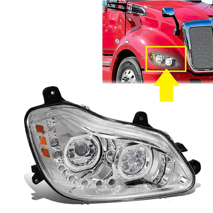 Kenworth T680 2013-2021 Full LED Headlight | Halo Rings Daytime Running Light Chrome Housing