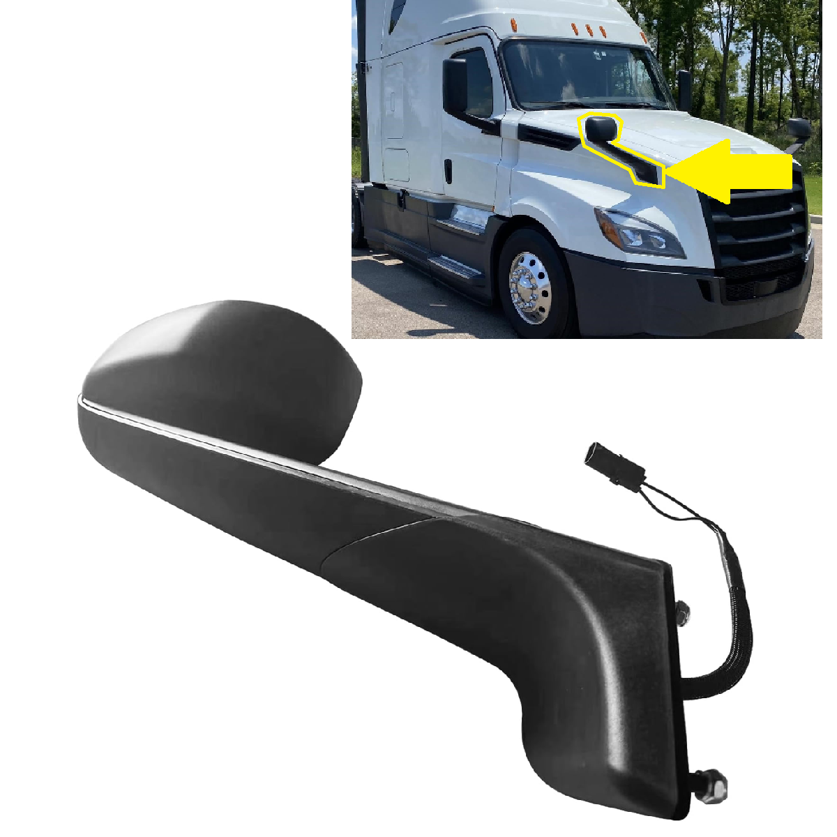 Freightliner Cascadia 2018+ Hood Mirror with Heated Glass, Black Cover | Right Passenger Side