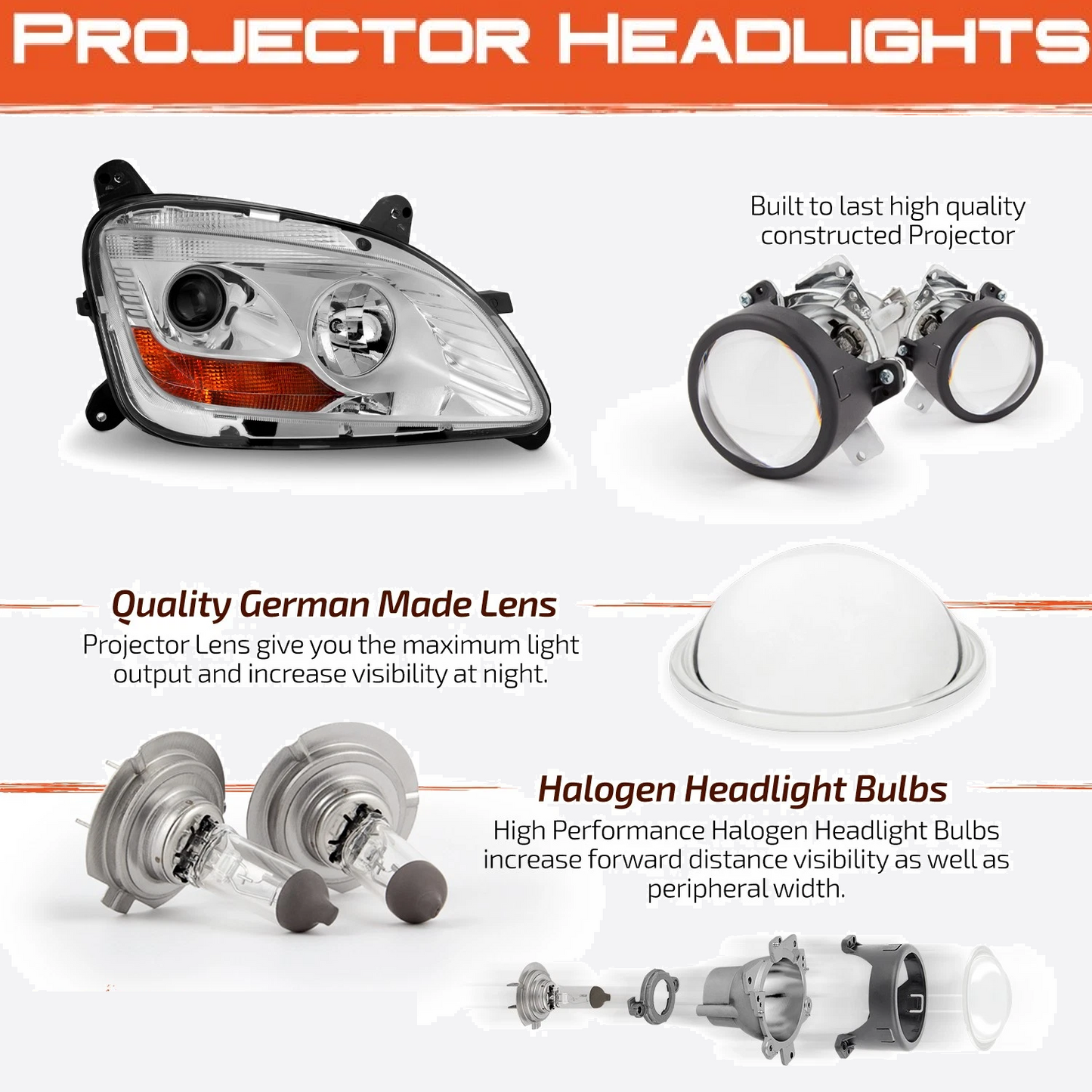 Halogen Headlight - Chrome Housing Projector Headlamp Assembly for 2011-2021 Peterbilt 579 587