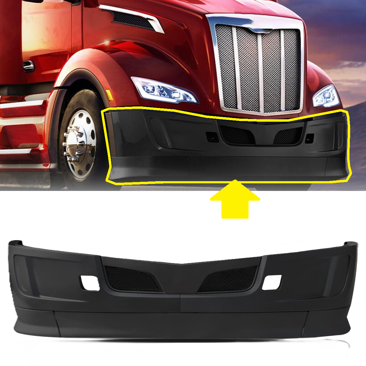 Black Bumper Assembly without Fog Light Hole for 2022+ Peterbilt 579 Semi Truck