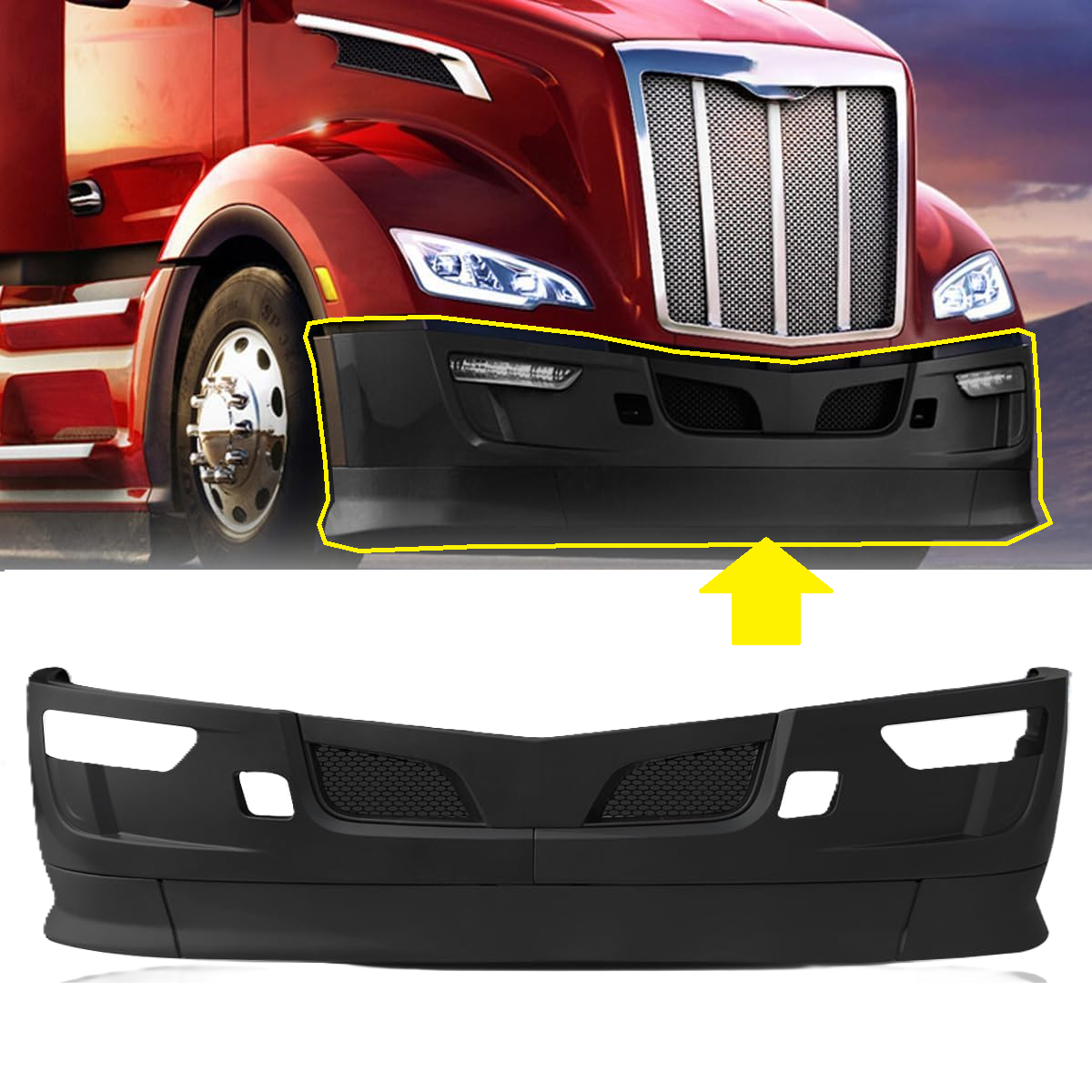 Black Bumper Assembly with Fog Light Hole for 2022+ Peterbilt 579 Semi Truck