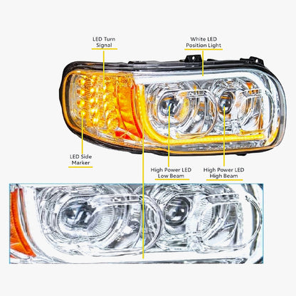 Peterbilt 388 389 2008-2018 Full LED Headlights Sequential Turn Signals Chrome 12V