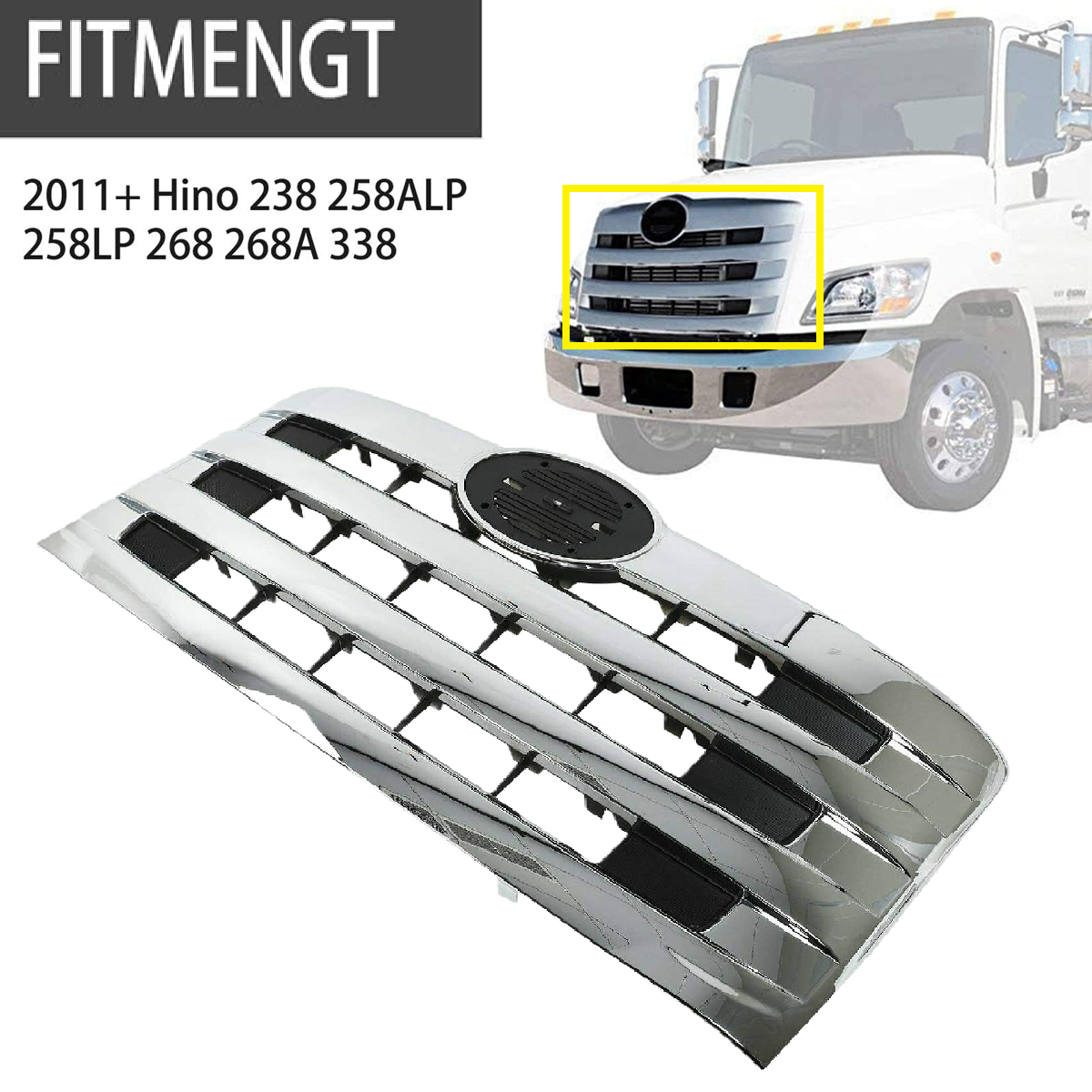 Front Chrome Grille Chrome Horizontal Billet Main Grille Compatible with 2011-2016 Hino 238 268 338 Chrome Front Grille Replacement 2062665632