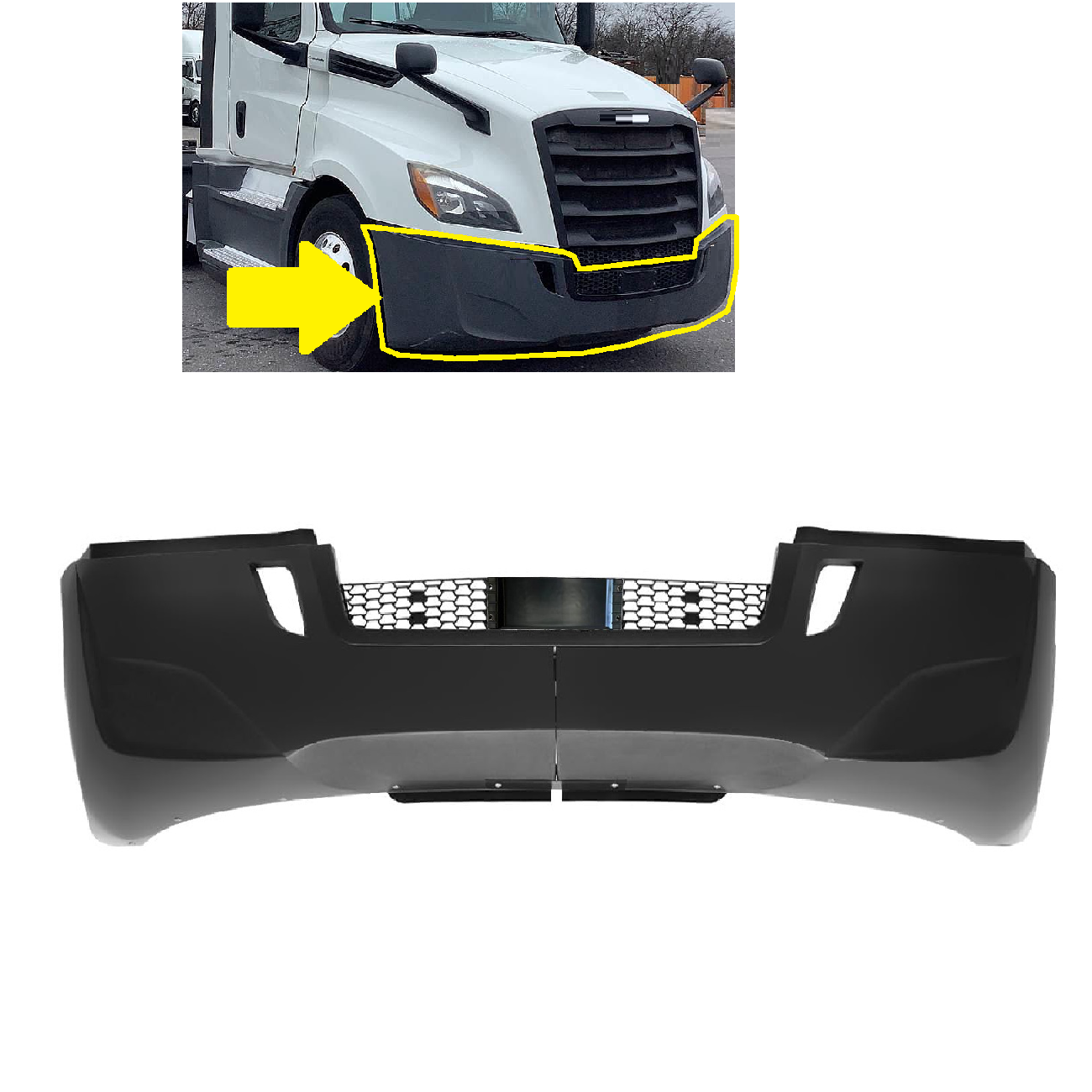 Freightliner Cascadia 2018-2025 Front Bumper, with BLACK Center TRIM and Radar Cover, NO fog light hole