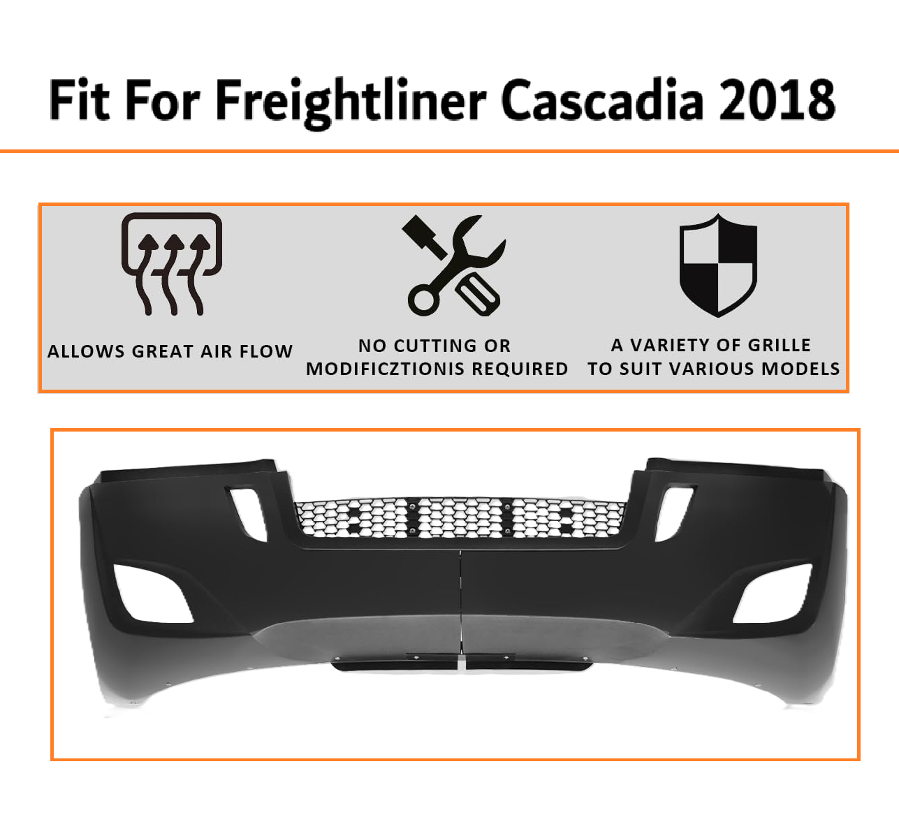 Freightliner Cascadia 2018+ Complete Front Bumper Black Trim With Fog Lamp Hole