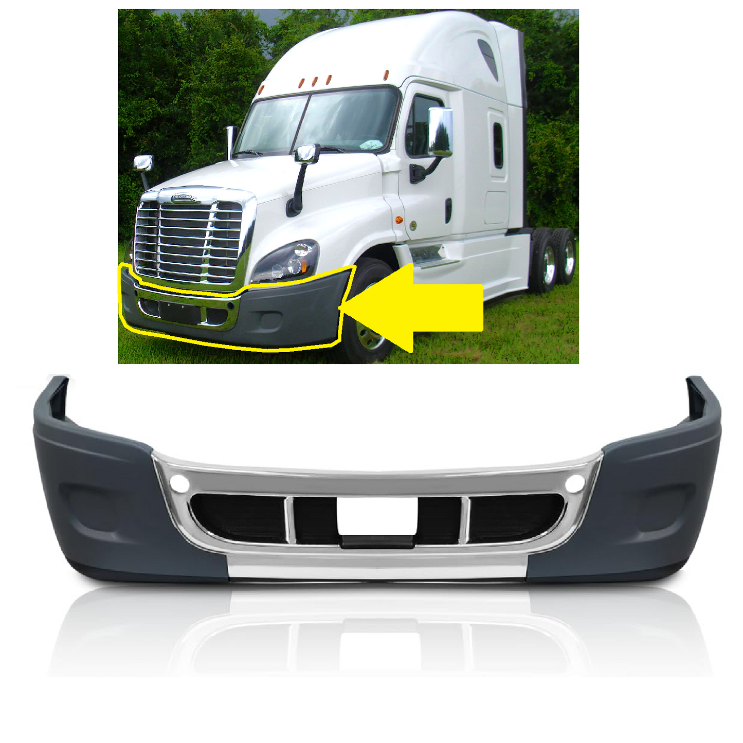Freightliner Cascadia 2008-2017 Complete Front Bumper - Chrome Trim, Solid Design (No Fog Lamp Cutout)