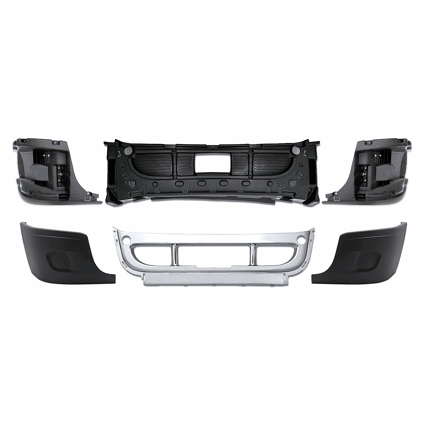 Freightliner Cascadia 2008-2017 Complete Front Bumper - Chrome Trim, Solid Design (No Fog Lamp Cutout)