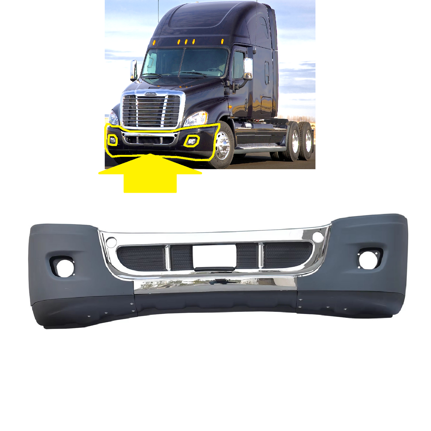 Freightliner Cascadia 2008-2017 Complete Front Bumper Chrome Trim With Fog Lamp Hole