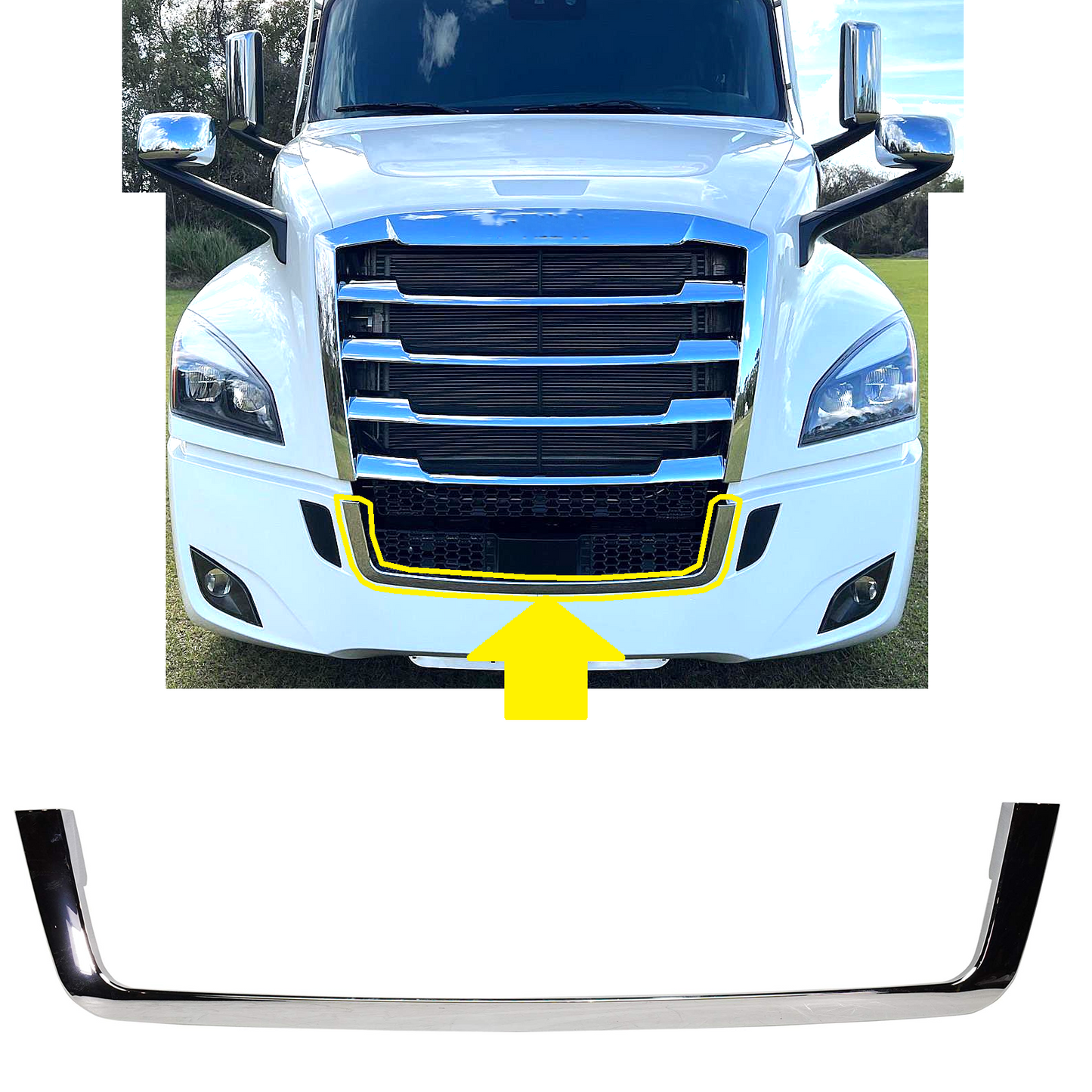 Freightliner Cascadia 2018+ 前保险杠中央饰条 | 保险杠中央镀铬饰条 | 替换件号：2128982001