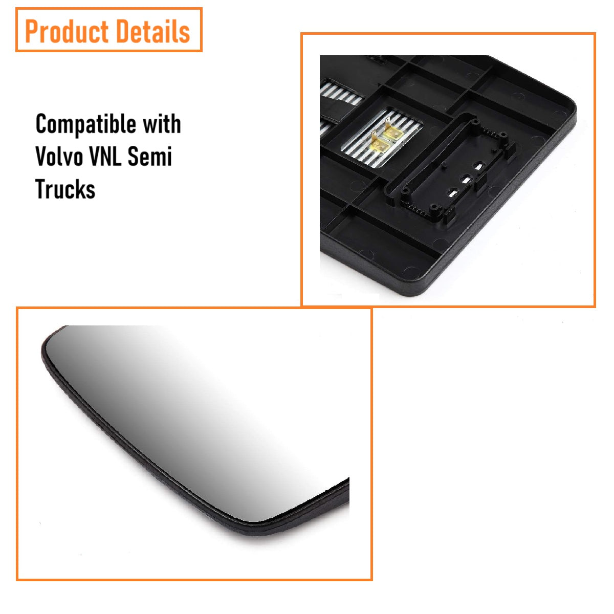 Volvo VNL 2004-2024 big convex mirror glass, Main Upper Big Convex Door Mirror w/Power & Heat Features