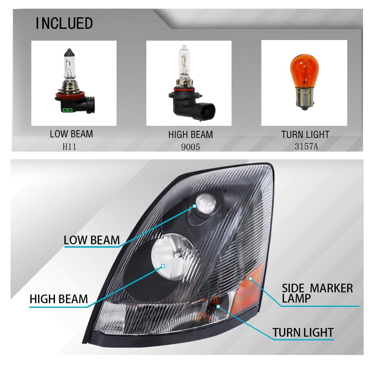 Volvo VNL 2004-2017 Halogen Headlight, Black Headlamp Left Driver Side