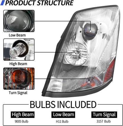 Volvo VNL 2004-2017 Halogen Headlight Chrome Left Driver Side | Chrome