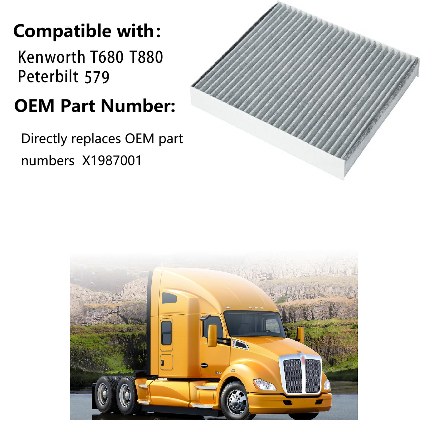 X1987001 1Pcs Cabin Air Filter – Replacement for Kenworth T680, Peterbilt 579