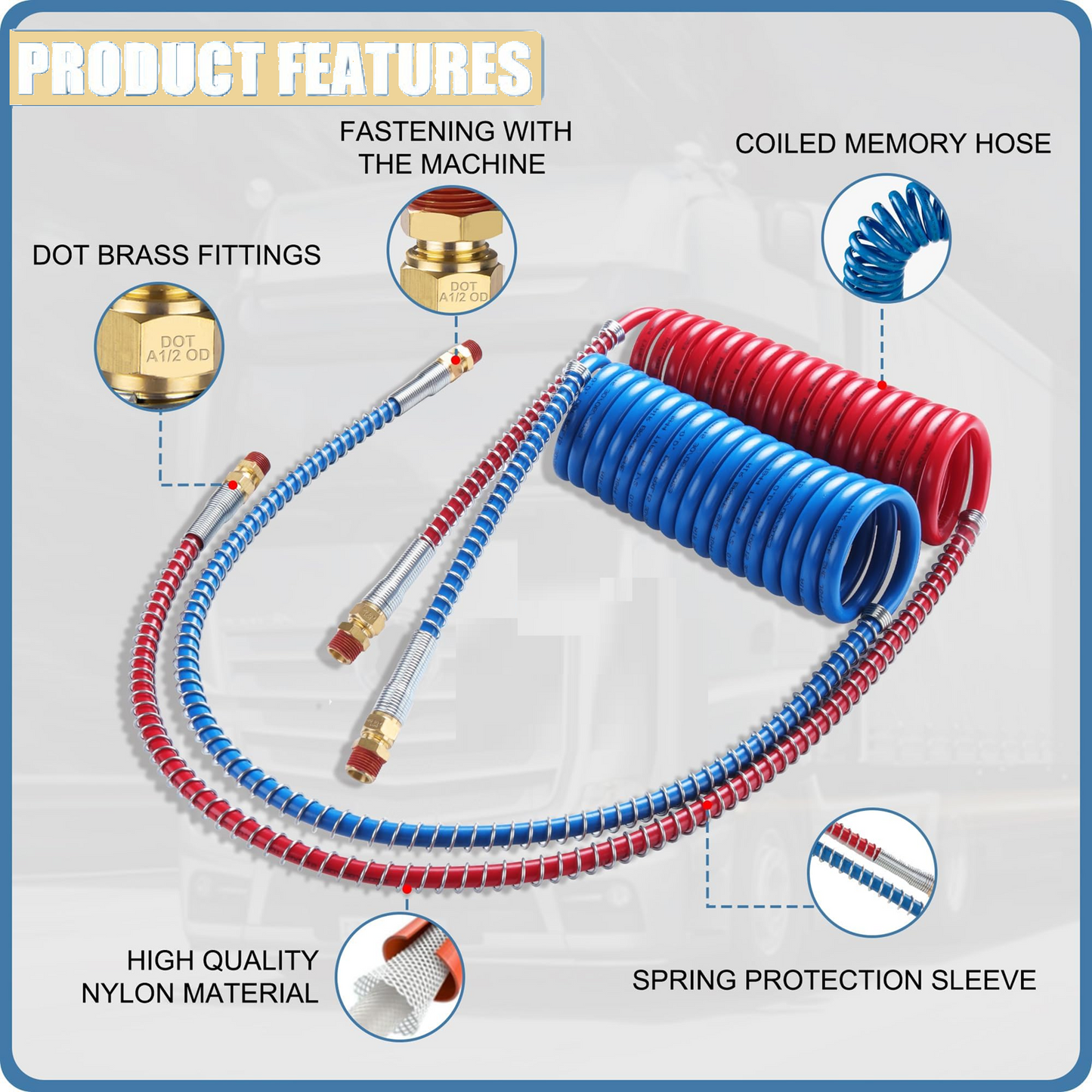 Heavy-Duty Coiled Air Brake Hose Kit – 15-Foot Blue and Red Pigtail Air Line with 1/2" NPT DOT Fittings for Semi Trucks and Trailers