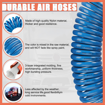 Heavy-Duty Coiled Air Brake Hose Kit – 15-Foot Blue and Red Pigtail Air Line with 1/2" NPT DOT Fittings for Semi Trucks and Trailers