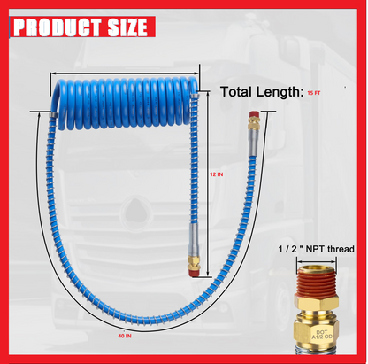 Heavy-Duty Coiled Air Brake Hose Kit – 15-Foot Blue and Red Pigtail Air Line with 1/2" NPT DOT Fittings for Semi Trucks and Trailers