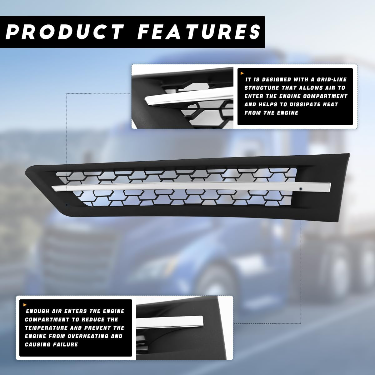 Chrome Hood Side Grille Air Intake Vent Replacement with With Bug Screen for Freightliner Cascadia 2018+