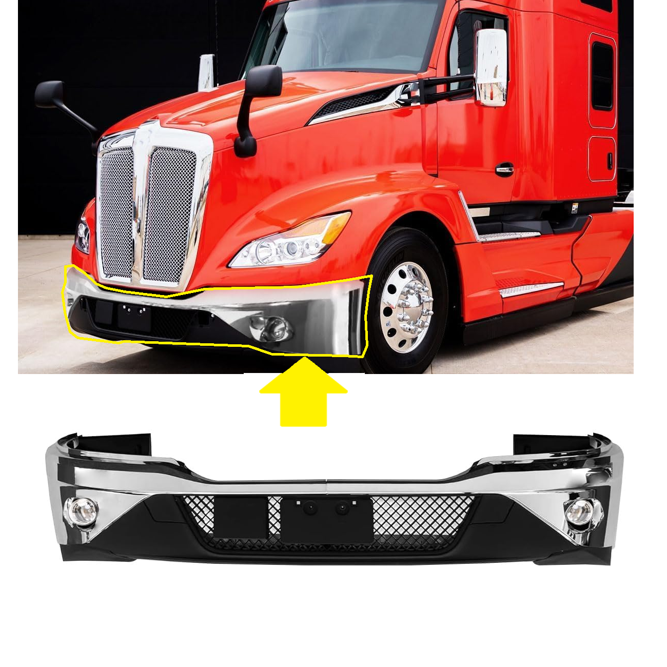 Kenworth T680 NEXT GEN 2022+ 前保险杠（无雾灯孔）镀铬