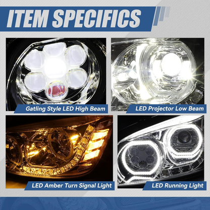 Kenworth T170 T270 T300 T370 T660 T700 2008-2019 Full LED Halo DRL Projector Headlights Assembly Chrome Housing 12V