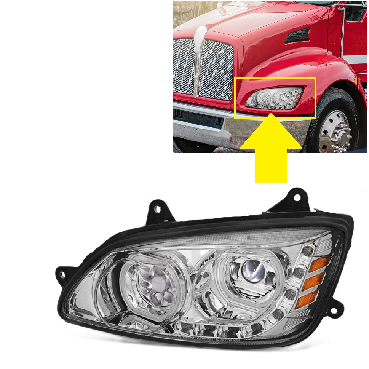 Kenworth T170 T270 T300 T370 T660 T700 2008-2019 Full LED Halo DRL Projector Headlights Assembly Chrome Housing 12V