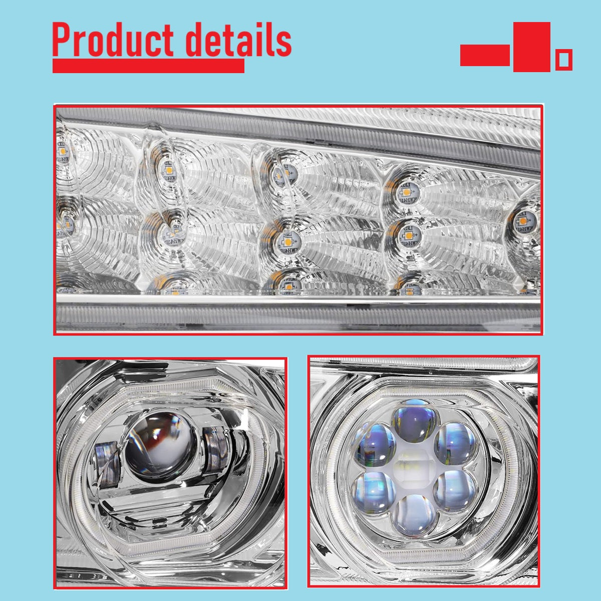 Full LED Headlight Compatible with Kenworth T880 2019-2024  | Dual LED Halo DRL Projector Headlight Lamps with LED Sequential Chase Turn Signal