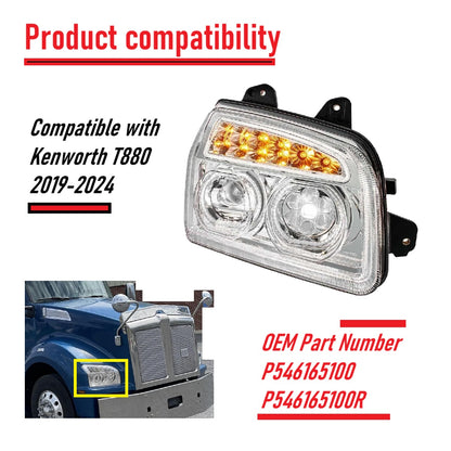 Full LED Headlight Compatible with Kenworth T880 2019-2024  | Dual LED Halo DRL Projector Headlight Lamps with LED Sequential Chase Turn Signal