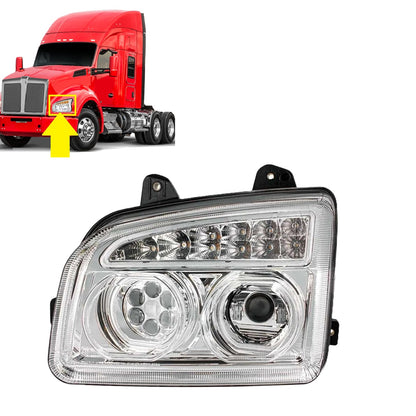 Full LED Headlight Compatible with Kenworth T880 2019-2024  | Dual LED Halo DRL Projector Headlight Lamps with LED Sequential Chase Turn Signal