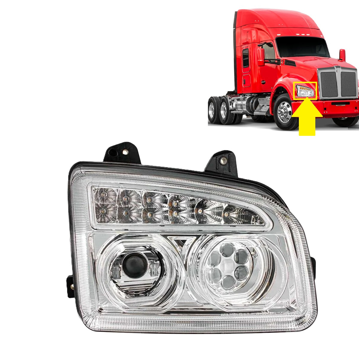 Full LED Headlight Compatible with Kenworth T880 2019-2024  | Dual LED Halo DRL Projector Headlight Lamps with LED Sequential Chase Turn Signal