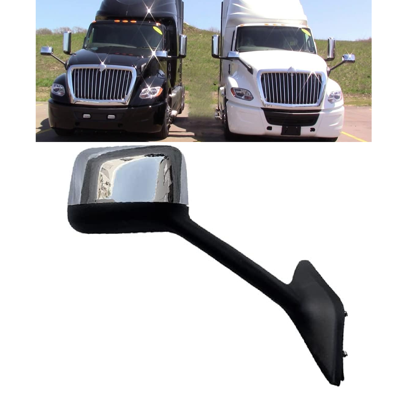 International 2018-2021 LT625 Hood Mirror with Arm - Chrome Cover Right Passenger Side