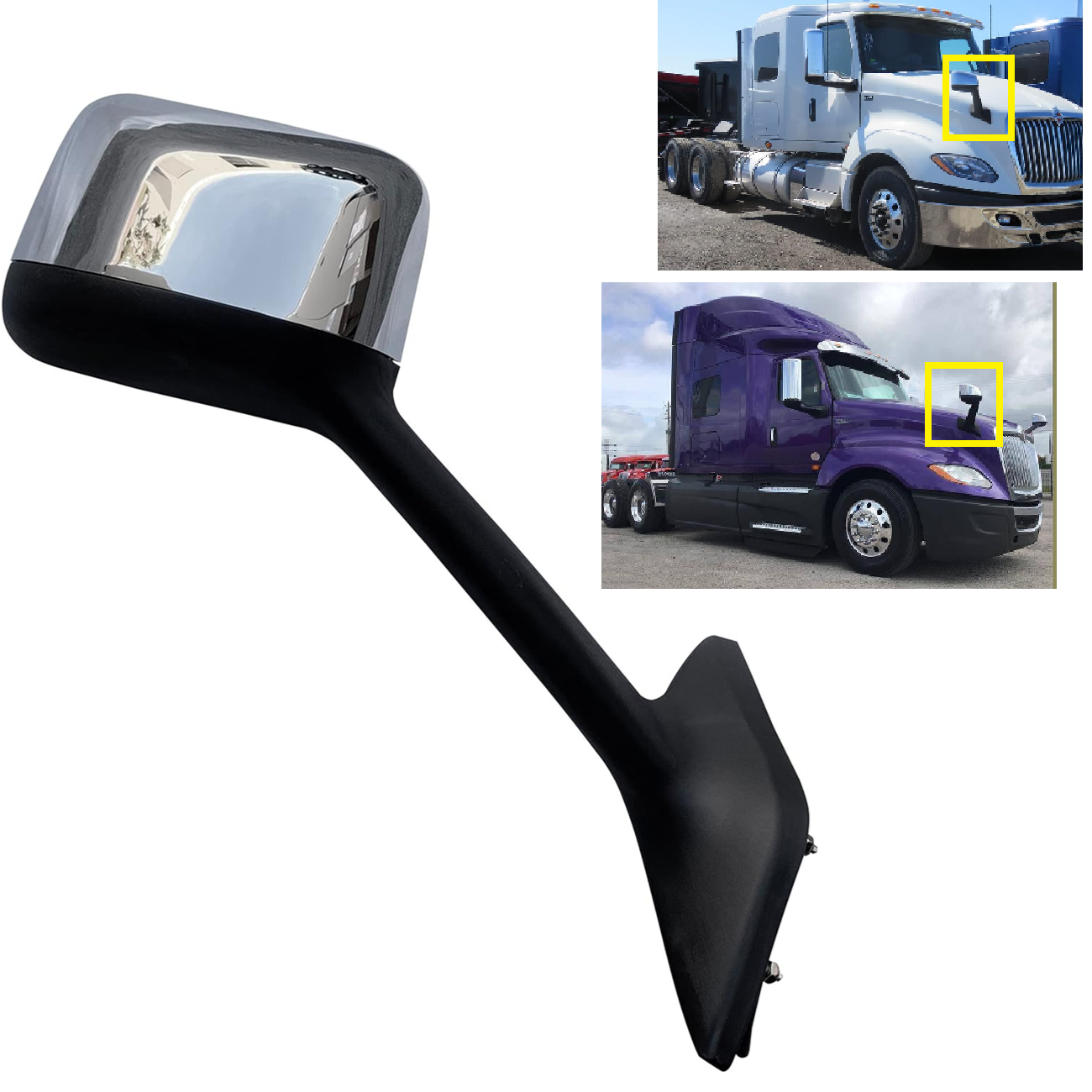 International 2018-2021 LT625 Hood Mirror with Arm - Chrome Cover Right Passenger Side