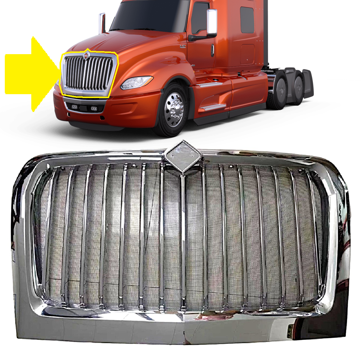 International LT 625 Front Grille with Bug Screen, Chrome 2014-2018