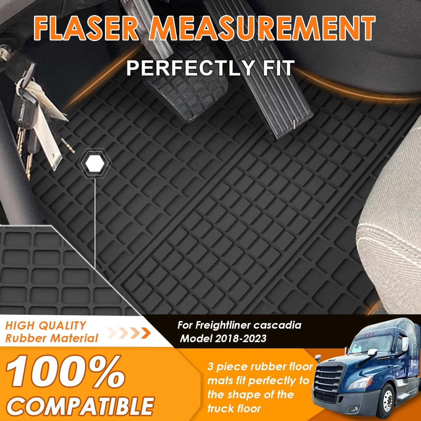Freightliner Cascadia 2018-2023 Truck Floor Mats 3PCS Latex/Black