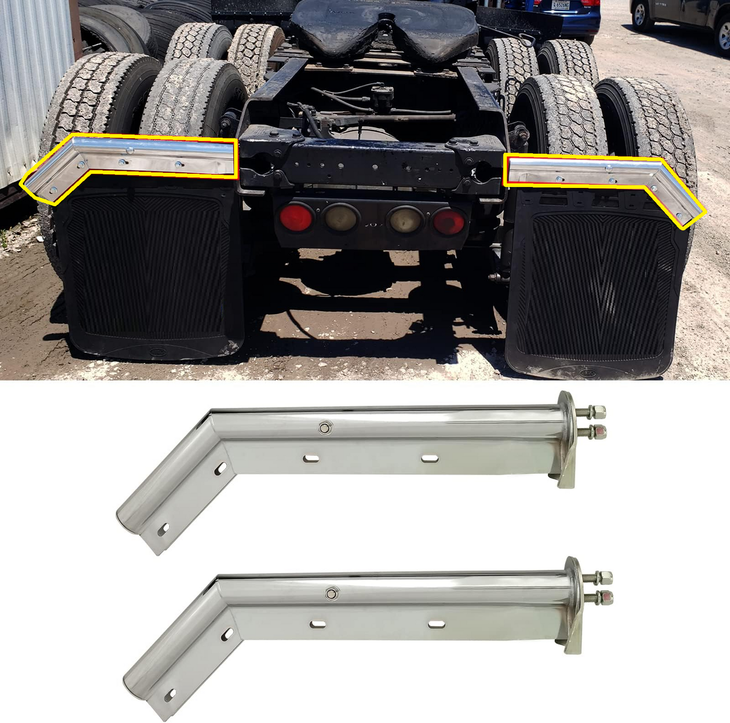 Chrome Angled Spring Loaded Mud Flap Hanger Bracket Set 1-1/8" Bolt Spacing 27.5" Length fit for Semi Trucks