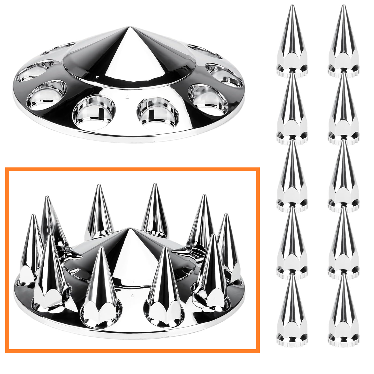 Spike Front Axle Cover Combo Kits for Semi Truck Hubs w/Screw-On 33mm Lug Nut, ABS Plastic Chrome Plated, 10 Hole Removable Caps