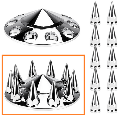 Spike Front Axle Cover Combo Kits for Semi Truck Hubs w/Screw-On 33mm Lug Nut, ABS Plastic Chrome Plated, 10 Hole Removable Caps