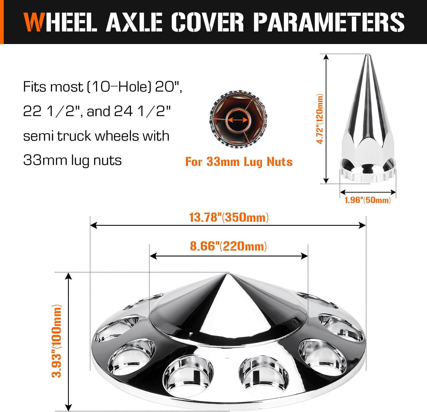Spike Front Axle Cover Combo Kits for Semi Truck Hubs w/Screw-On 33mm Lug Nut, ABS Plastic Chrome Plated, 10 Hole Removable Caps