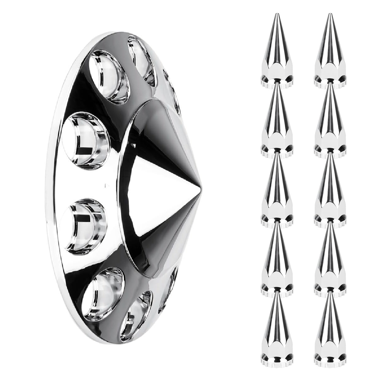 Spike Front Axle Cover Combo Kits for Semi Truck Hubs w/Screw-On 33mm Lug Nut, ABS Plastic Chrome Plated, 10 Hole Removable Caps