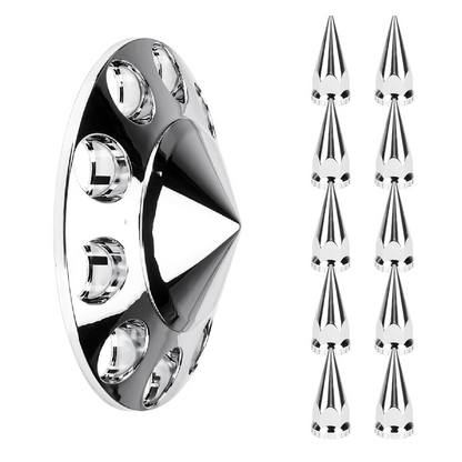 Spike Front Axle Cover Combo Kits for Semi Truck Hubs w/Screw-On 33mm Lug Nut, ABS Plastic Chrome Plated, 10 Hole Removable Caps
