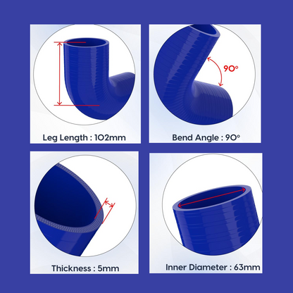 90° Blue Silicone Elbow Coupler – 2.5" (63.5mm) ID, 5.3mm Wall Thickness – VMQ+AR High-Performance Intake Hose for Trucks & Performance Vehicles | F04-6006