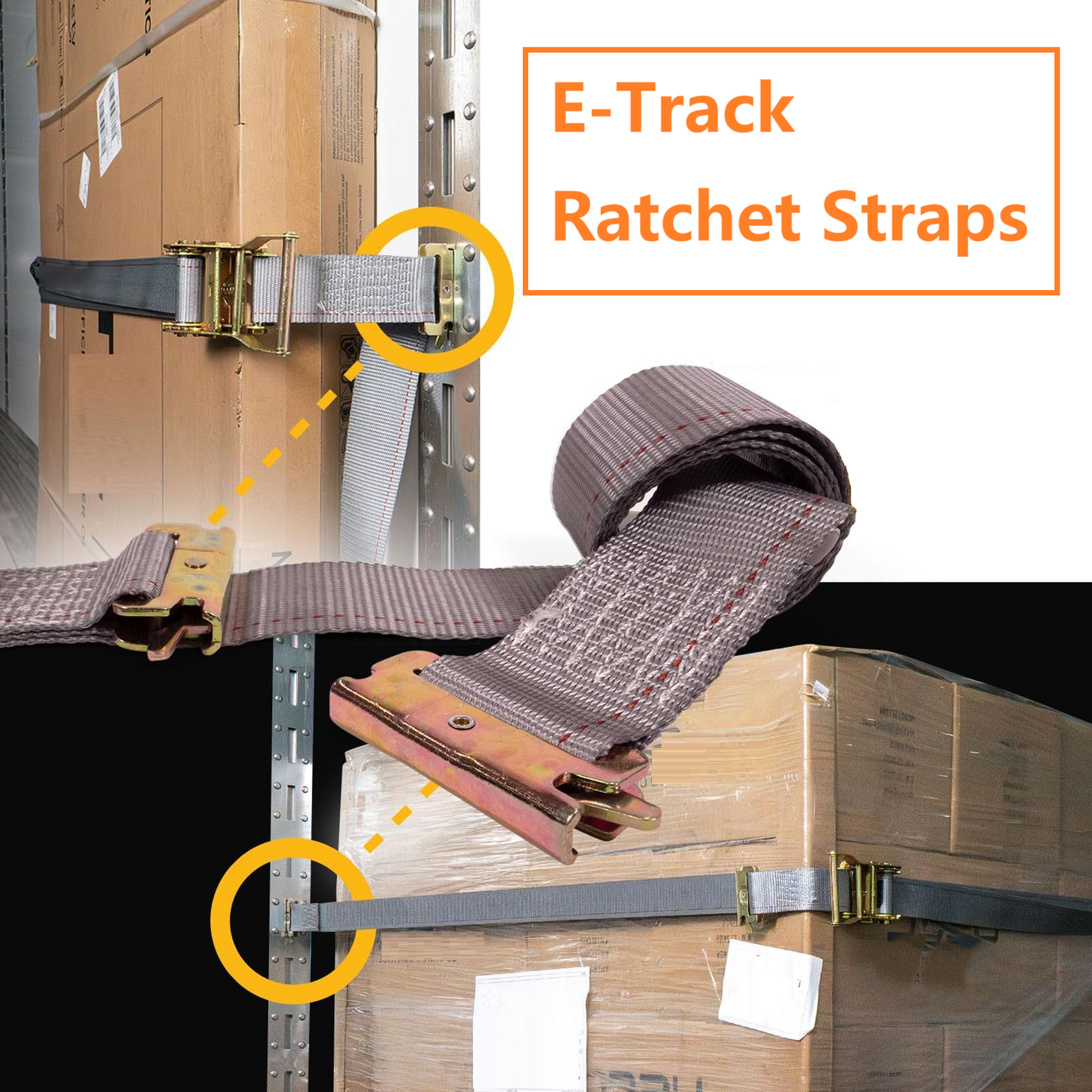 E-Track Ratchet Straps 2" x 16', Spring E-Fittings, Heavy Duty 4,400 lbs Capacity – Grey for Trailers, Trucks & Vans
