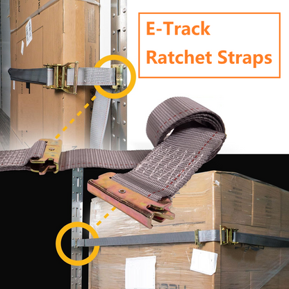 E-Track Ratchet Straps 2" x 16', Spring E-Fittings, Heavy Duty 4,400 lbs Capacity – Grey for Trailers, Trucks & Vans